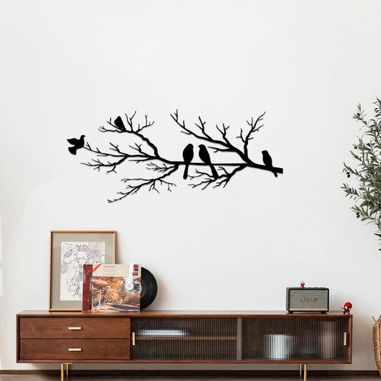 Five Birds on a Branch Metal Wall Art – Black