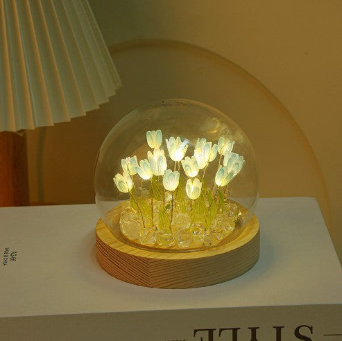 (Twenty Blue Tulips) Glowing Tulip Dome Lamp - Wooden Base, Bedside Table Decoration