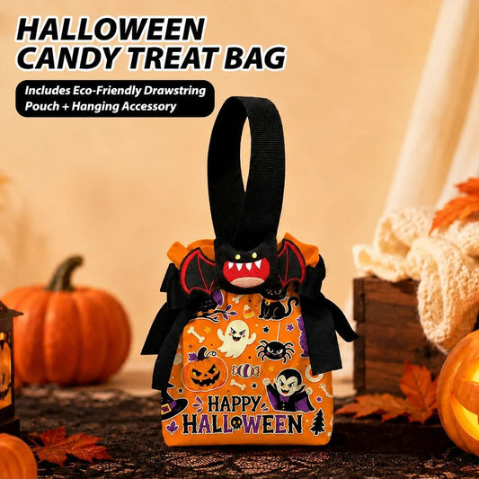 Halloween Ghost & Spider Drawstring Treat Bags with Bat Doll – Set of 8