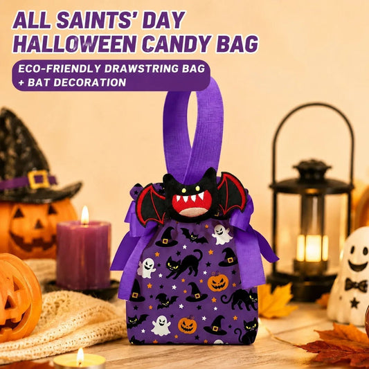 Halloween Black Cat Drawstring Treat Bags with Bat Doll – Set of 8