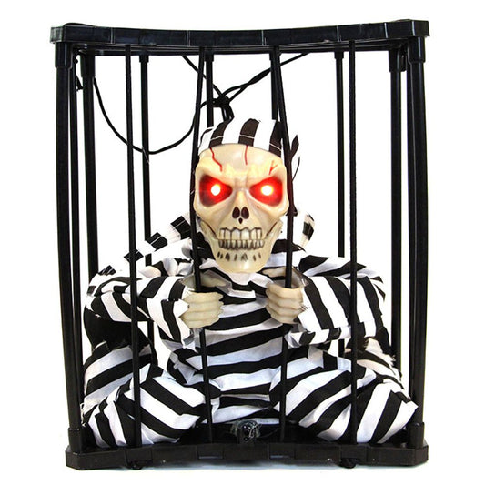 Animated Halloween Skeleton Prisoner in Cage with Light-Up Eyes