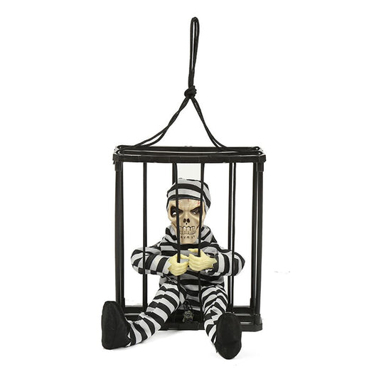 Animated Halloween Skeleton Prisoner in Cage with Light-Up Eyes