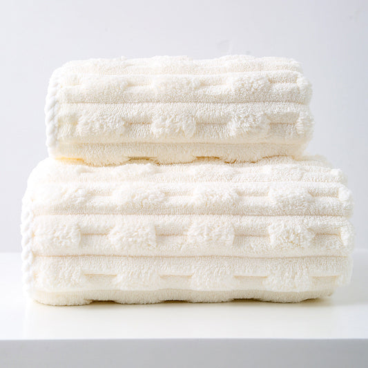 Off White Thickened Coral Fleece Towel Set, Large Bath Towel & Face Towel Combo, Soft & Absorbent Towels