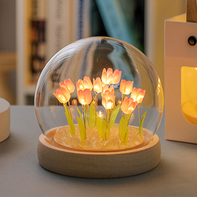 (Twenty Pink Tulips) Glowing Tulip Dome Lamp -  Wooden Base, Bedside Table Decoration